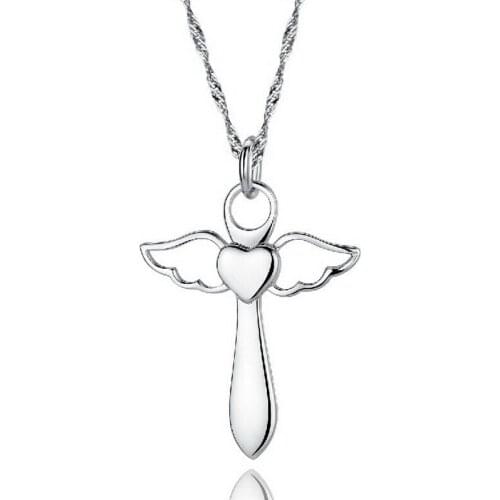 Lovely & Cute 2015 New Korean Fashion Jewelry Real 925 Sterling Silver Angel Wings Cross Heart Pendant For Women Free Shipping