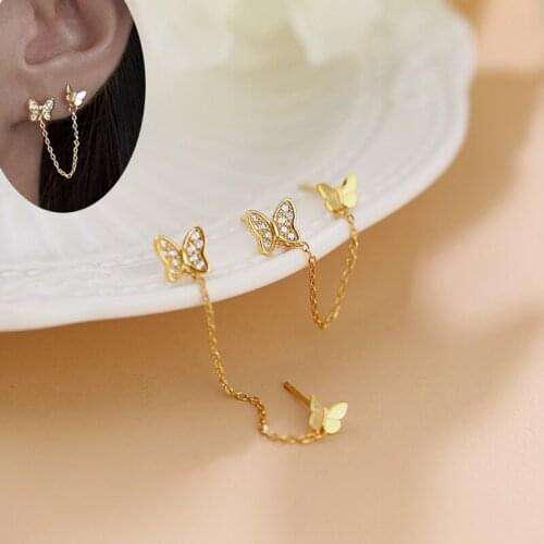 Cute Lovely Butterfly Mini Stud Earrings For Women Micro Crystal Double Piercing Chain Female Elegant Dangle Earring Accessories
