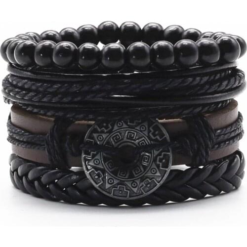 Fashion 4pcs/set Beads Cross Fish Feather Gitar Charm Genuine Leather Men Bracelets For Women Homme Femme Male Female Jewelry