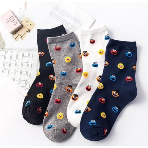 Cartoon Sesame Street Socks Women Cookie Monster Funny Cute Tube Sock Comfortable College White Ladies Cotton Socks For Girls