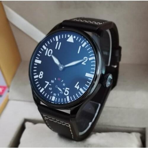 GEERVO No logo 44mm PVD black Manual mechanical mens Watch Black Retro dial Super luminous coffee strap G142