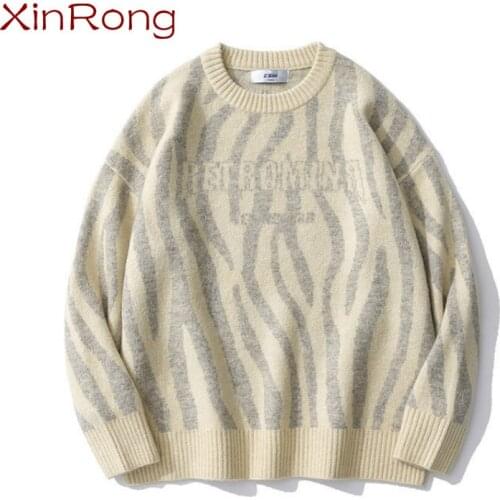 Mens tide brand crew neck sweater zebra pattern pure color jacquard sweater Harajuku style street trend loose striped pullover