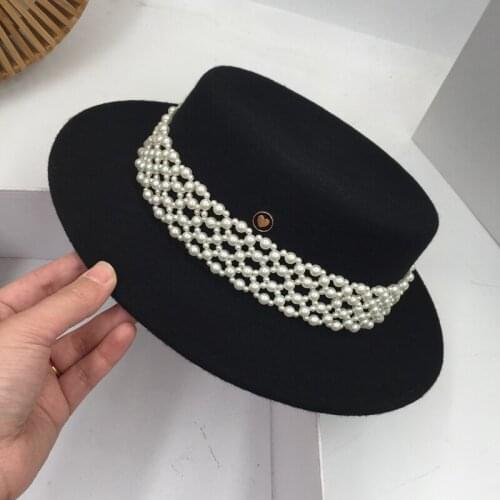 Fedora panama Small sweet wind flat-topped hat which female celebrity fashion about wool hat tide pearl elegant fedoras