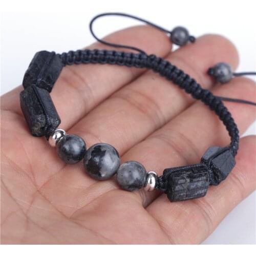 Natural Black Rough Tourmaline Semi Precious Mineral Stone Bead Charm Labradorite Adjustable Macrame Braiding Unisex Bracelet