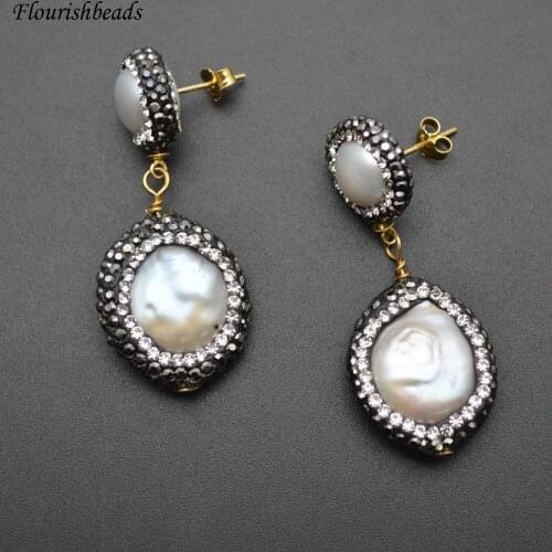 Natural Fresh Water White Pearl Double Layer Dangle Earrings Paved Black Crystal Beads Fashion Woman Party Jewelry