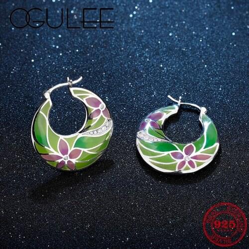 New Fashion 925 Sterling Silver Earrings Green Pink Sparing Flowers Enamel Clear CZ Hoop Earrings for Women Jewelry Party Gifts