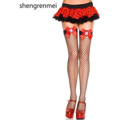 Shengrenmei 2019 Red Cross Small Mesh Sexy Stockings Nurse Thigh High Stocking Women Girl Cosplay White Lingerie Nylon Stockings