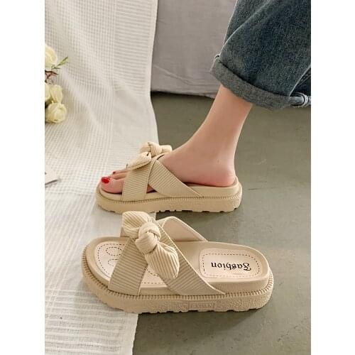 Flat Shoes Female Summer Clogs Woman Slippers Casual Slides Butterfly-Knot Platform Pantofle Beach Luxury Soft 2021 Cotton Fabri