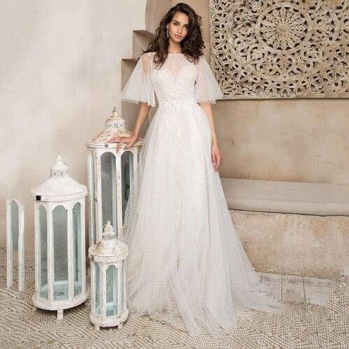 UZN BOHO Wedding Dress A-Line O-Neck Dots Net Lace Appliques Net Bridal Gowns Short Puffy Sleeves Ivory Brides Dress Customize