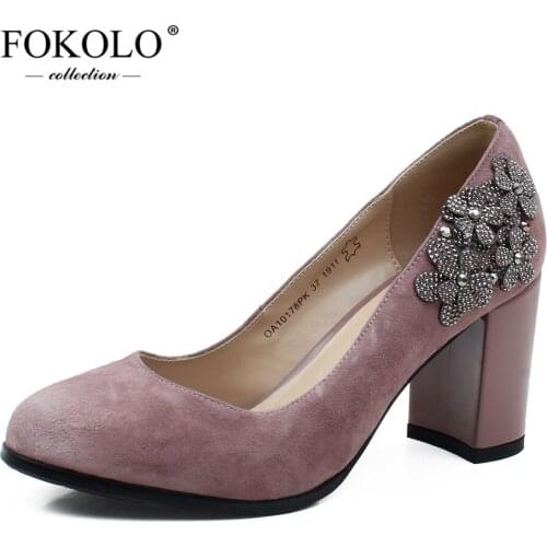 FOKOLO Womens Pumps Round Toe Kid Suede Square Heel High Heels Spring Autumn Fashion Genuine Leather Handmade Lady Shoes GC4