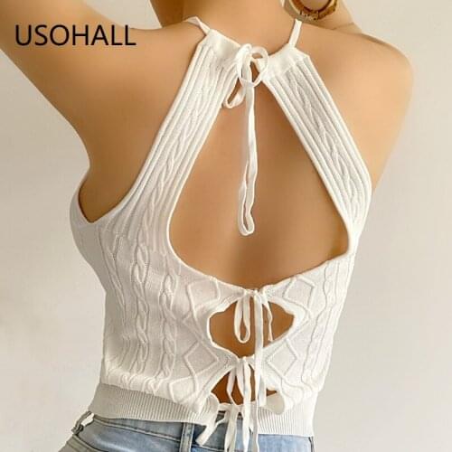 USOHALL Summer New Knit Tank Top Women Slim Sexy Back Hollow Out Bandage Sleeveless Tops