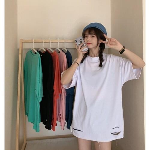 Korean Tshirt Ulzzang Chic Graphic Oversized All Match Women Tee Hole Loose Tops Vintage Girl Very Cool T-shirts Summer Cotton