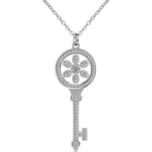 925 Sterling Silver Sun Flower key shape Pendant & Necklaces for Women,Silver Pavé Crystal Luxury Dress Jewelry Accessories