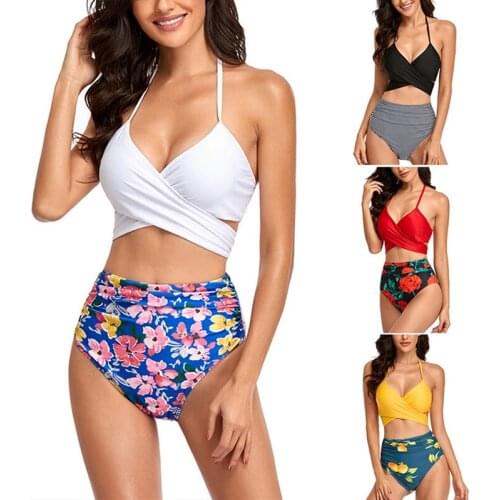 Womens Sexy Floral Bikini 2-Piece Cross Bandage Vest Sub-System Belt High Waist Swimsuit