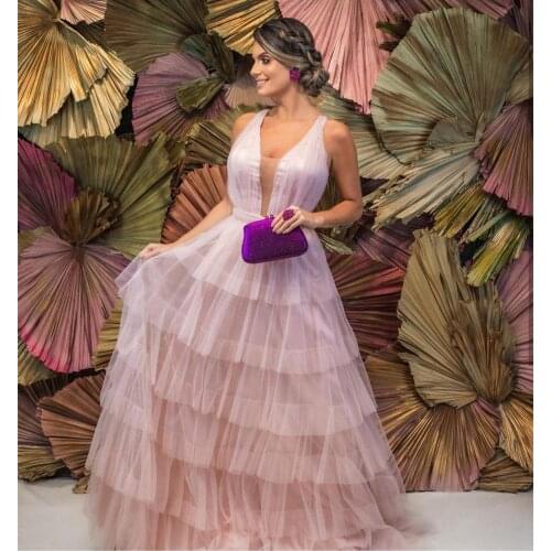 2021 Evening Dress Pink Cake A-Line Sexy Deep V-Neck Sleeveless Floor Length Court Train Women Formal Gowns Special Occasion