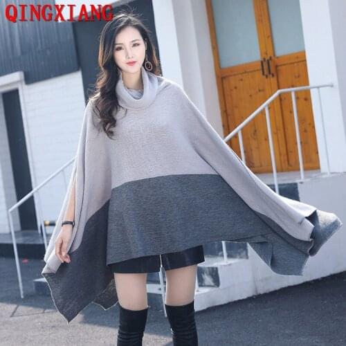 2021 Plus Size Women Thick Warm Pullover Scarf Collar Loose Sweater Autumn Outer Street Long Cloak Knitted Color Contrast Poncho