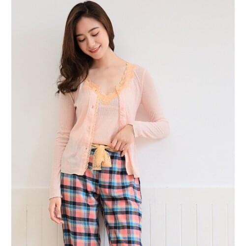 3PC Lace Cotton Pajamas Women Sleepwear Loungewear Knitted Cotton Shirt + Cami + Plaid Home Pants Set