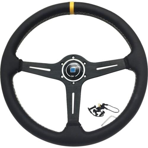 380MM 370MM Classic Leather Steering Wheel With N* Horn Universal 15Inch Racing Car Sport Steering Wheel With Gumetal Spoke
