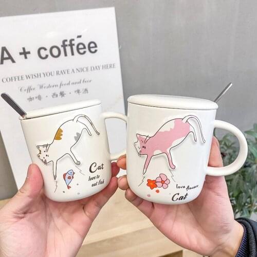 450ml Relief cat mug With Lid and Spoon Breakfast Cups Coffee cup Milk Tea Mugs Drinkware Couple Novelty Gifts
