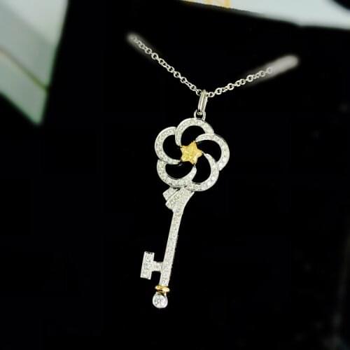 Exquisite Flower Key Pendant Collar 925 Sterling Silver Yellow Zirconia Necklace Chain for Women Shiny Short Chain Jewelry