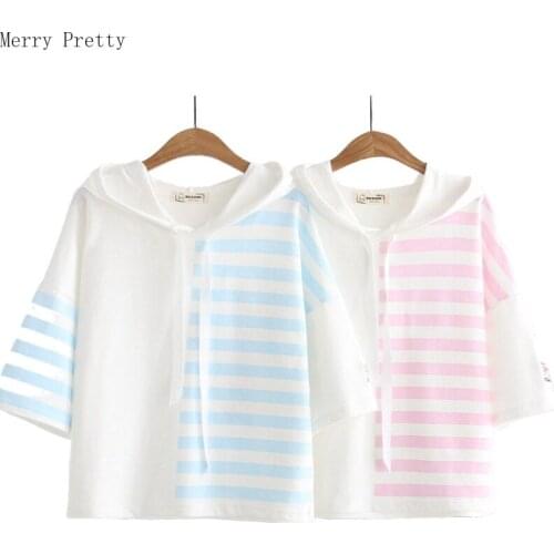 Womens Hooded T Shirts Striped Patchwork Half Sleeve Cotton T Shirt 2020 Spring New Femme Casual Loose Tops Tees MERRY PRETTY