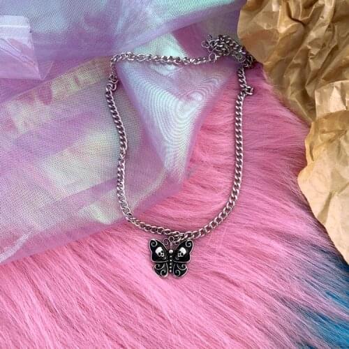 Goth Butterfly Skull Necklace for Women Metal Punk Hiphop Cool Fashion Vintage Choker Necklace Charms 90s Aesthetic Gifts New