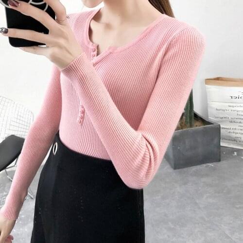 Hot-Selling Fashion Popular Ladies Korean Version of Wild V-Neck Long-Sleeved Pullover Base Sweater Slim Thin Solid Color Sweet