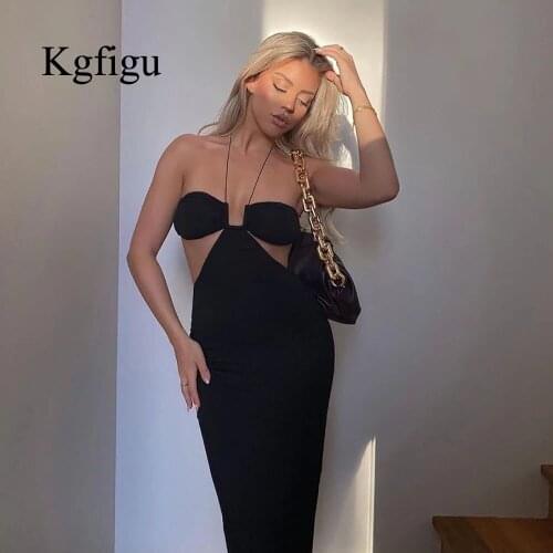 KGFIGU 2021 New Arrival Halter Sleeveless Backless Fitness Bodycon Elegant Dinner Birthday Party Women Sexy Dress