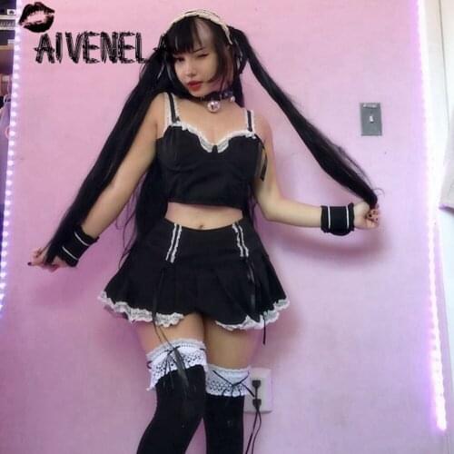 Harajuku Gothic Lolita Girls Clothes Set Sling Lace Vest Cropped Tops High Waist Mini Skirts Soft Girl Suit AFC1126