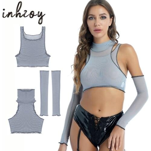 3Pcs Pole Dance Set Women Sexy Mesh See Through Tank Tops Fashion Streetwear With Gloves Turtleneck Clubwear Punk