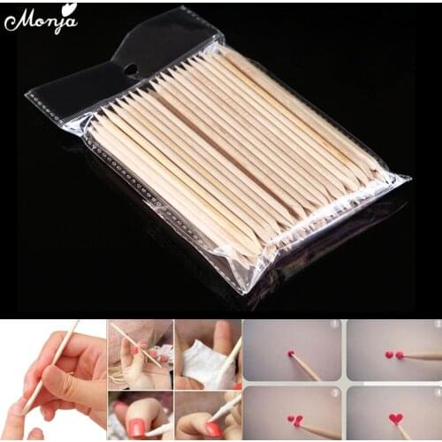 Monja 100Pcs/Set Nail Art Dual End Rhinestone Bead Dotting Picking Wood Stick Dead Skin Remove Cuticle Edge Pusher Manicure Tool