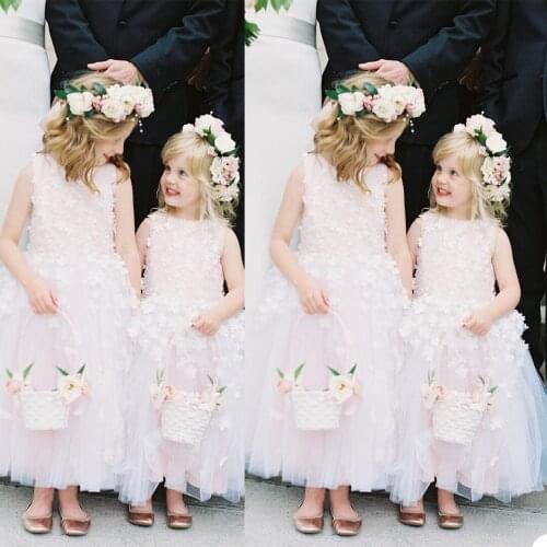 Fashion Flower Girls Dress 3D Floral Appliques O Neck Lace Short Sleeve Children Birthday Party Dresses Kids Wedding Communion
