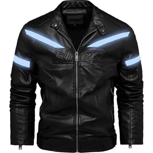 Mcikkny Men Fleece Lined Biker Leather Jackets Reflective Warm Motorcycle Outwear Coats For Male Windbreak