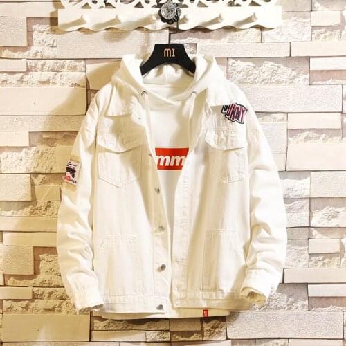 HCXY 2019 Korean Spring Autumn Mens Jean Jacket Man White Black Denim Jacket Loose Hole Handsome Tide Denim Clothing Men