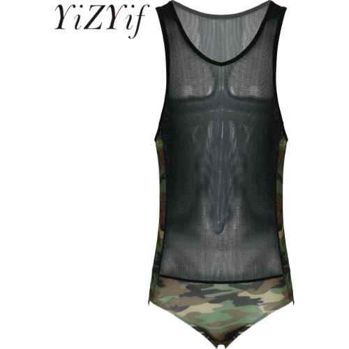 Mens Lingerie Shiny See-through Bodysuit Stretchy Nightclub Fitness Camouflage Print Patchwork Sleeveless Leotard Nightwear