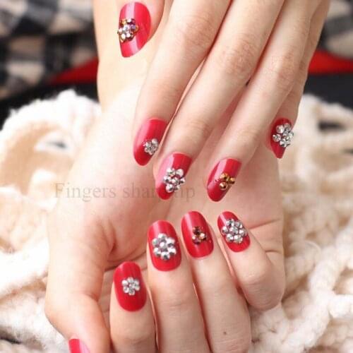 The latest popular full diamond crystal diamond round head candy color handmade fake nails Rich red W15