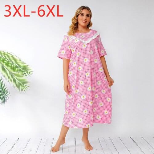 New 2021 Ladies Summer Plus Size Long Dress For Women Large Short Sleeve Large Loose Pink Floral Plaid Dress 3XL 4XL 5XL 6XL