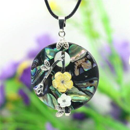 40mm Natural Round Flower Abalone Freshwater Shell Pendant Necklace Slide Black Rope Chain Neckwear Alloy Jewelry Making Design