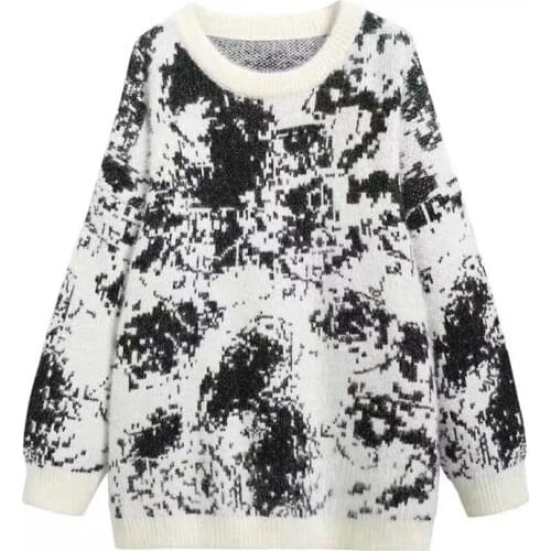 PERHAPS U Women Long Sweater Knitted Pullovers Long Sleeve Black White Geometric Loose Winter M0068