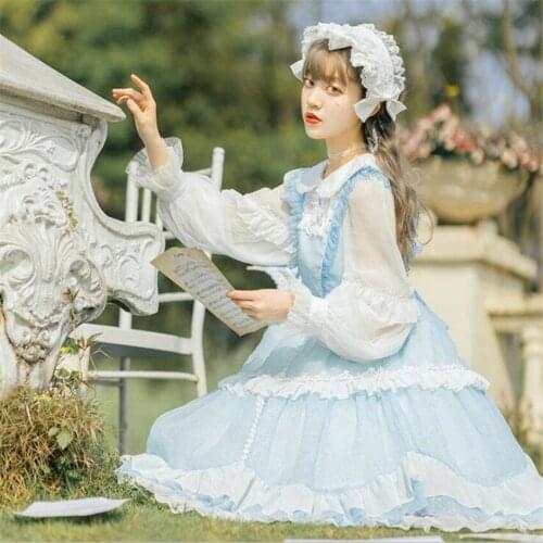 Kawaii Lolita Dress Girls Spring Ruffle Lace OP Long Sleeve Sweet Princess Dress Women Pink Blue Mid Dresses D810