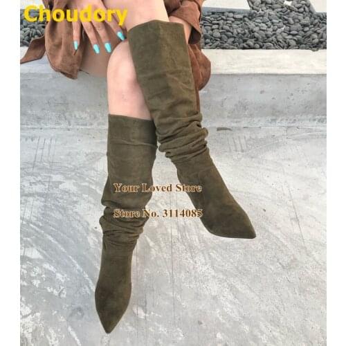 Choudory High Heel Pleated Knee Boots Pointed Toe Stiletto Heels Dress Boots Army Green Coffee Folded Tall Boots Slip-on Boots