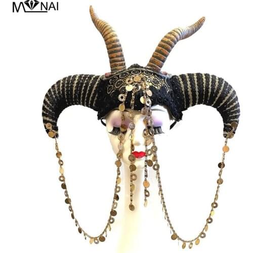 Steampunk Bovine Ox Horns Headpiece Chains Hairband Gothic Cosplay Halloween Headwear Funny Prop Show Headdress