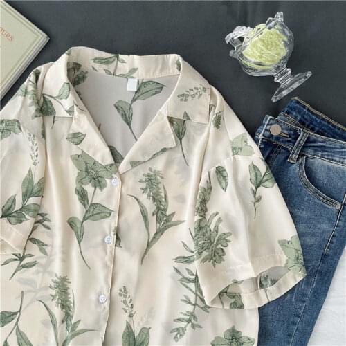 Loose Printd Chiffon Women Shirts Summer 2021 Turn-Down Collar Short-Sleeved Elegant Female Outwear Tops