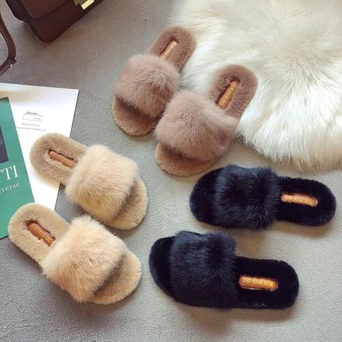 Fahion Fur Slipper for Women Drag Rabbits Hair Joker Sociology Keep Warm Slipper Female Casual Shoes Elegant Soft Plush Slipper