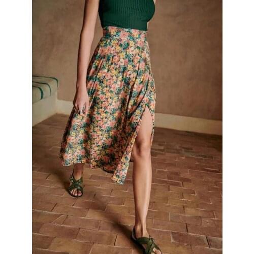 Women Skirts Summer Spring Autumn Mid-Calf Length Split Floral High Waist Elegant High Street Chic Prairie Sweet Fashion