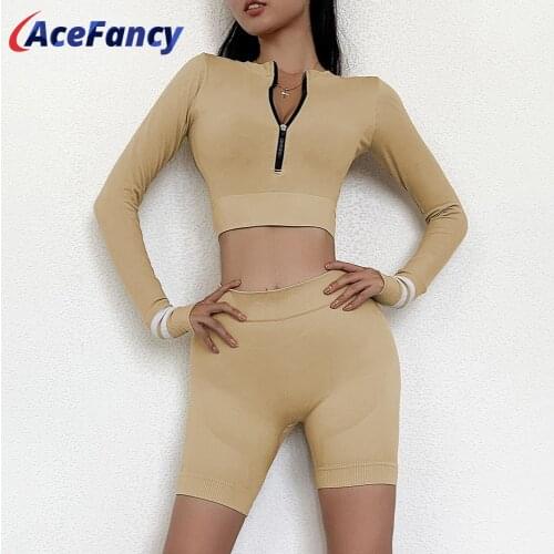 Women Yoga Set 2900A Seamless Fitness Clothing Zip Yoga Long Sleeve&Tummy Control Yoga Shorts/Leggings Set Yoga Women Sportwear