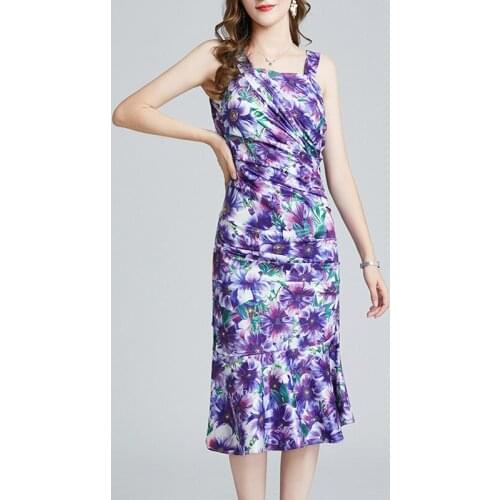 Fashion Runway Summer Sexy Spaghetti Strap Slim Bodycon Dress 2021 Women Purple Flower Printted Vacation Pleated Mermaid Dress