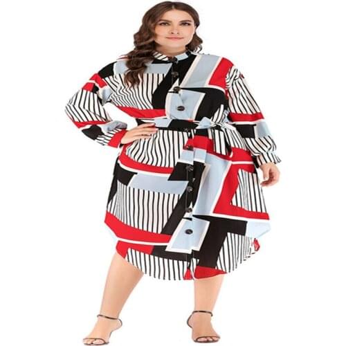 Fat European and American Large Size Round Neck Long Sleeve Striped Color Combination Tie Shirt Dress Trendy Women