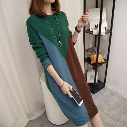 2021 Plus Size 3XL New Women Autumn Winter Sweater Dress Female Long Sleeve Patchwork Fashion Middle Long Knit Pullovers Tops
