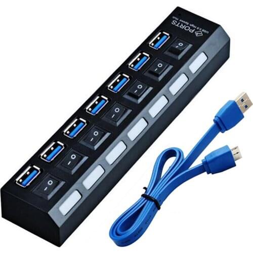 100pcs 7 Port USB 3.0 Hub On/Off Switch + EU/US/UK AC Power Adapter For Laptop Desktop